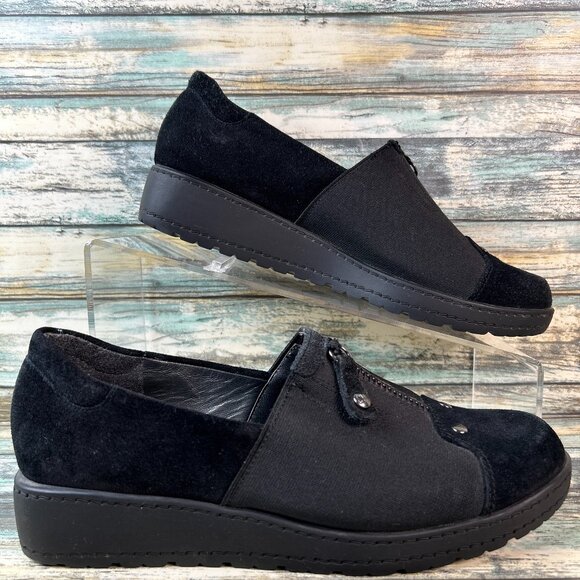 Stuart Weitzman Wedge Heel Loafers Womens Size 6M Black Suede Fabric Dress Shoes - Picture 1 of 10
